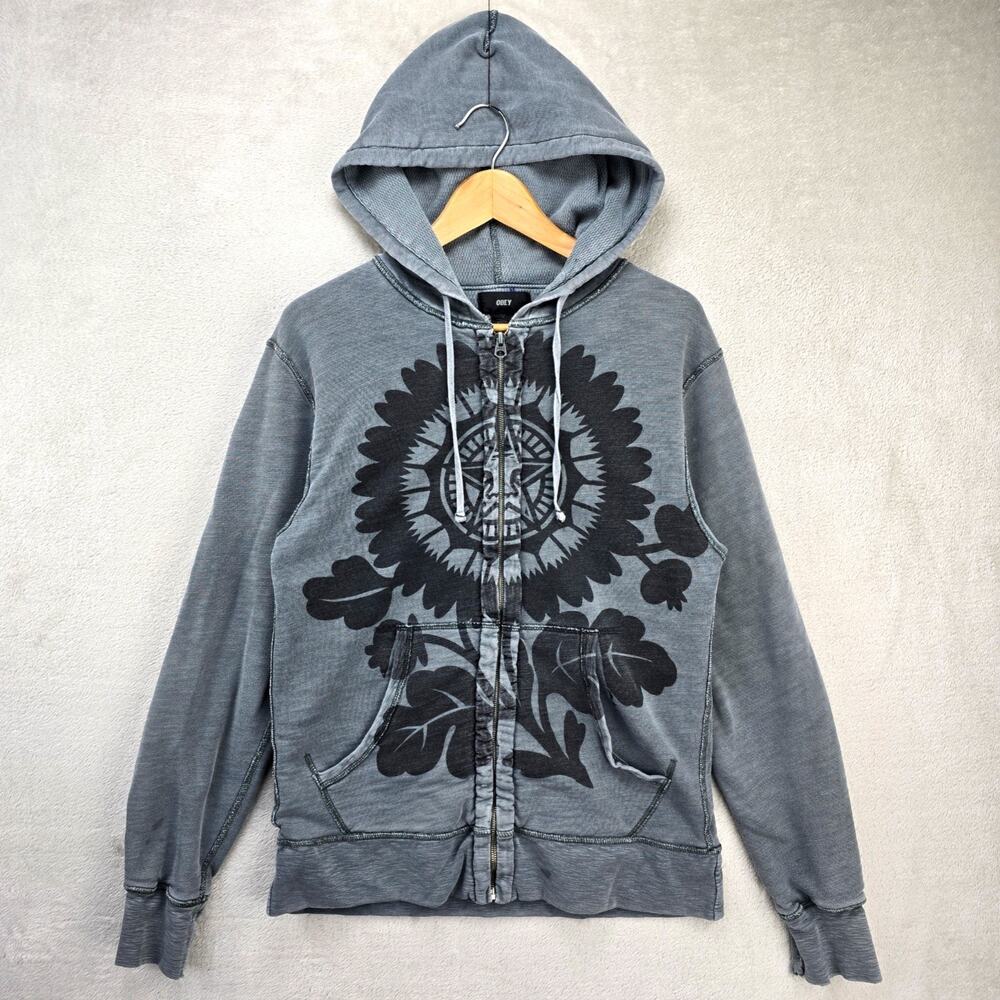 Vtg Obey Full-Zip Hoodie Sweatshirt Mens Medium Gray Grunge Flower Skater Y2K